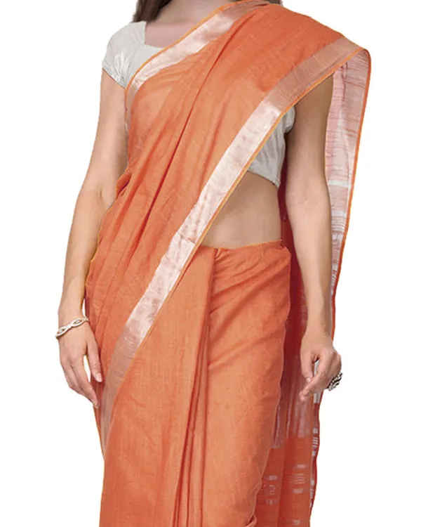 Carol_Orange_women's_Handloom_Bhagalpuri_Cotton_Linen_Slub_Blend_Zari_Border_Saree_Ethnic_Wear_With_Running_Unstitched_Blouse_Piece