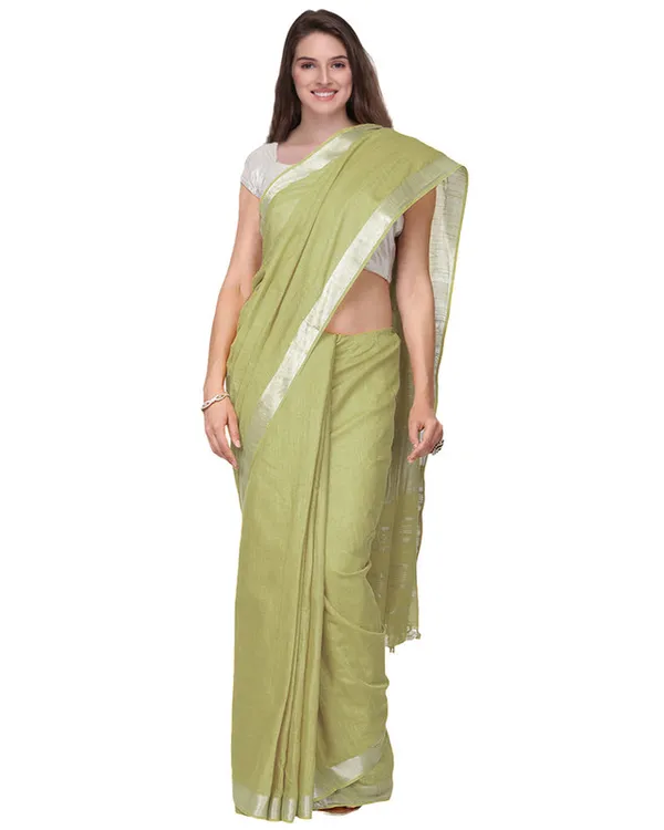 Khaki_Green_women's_Handloom_Bhagalpuri_Cotton_Linen_Slub_Blend_Zari_Border_Saree_Ethnic_Wear_With_Running_Unstitched_Blouse_Piece