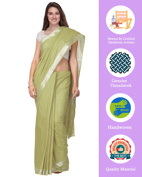 Khaki_Green_women's_Handloom_Bhagalpuri_Cotton_Linen_Slub_Blend_Zari_Border_Saree_Ethnic_Wear_With_Running_Unstitched_Blouse_Piece
