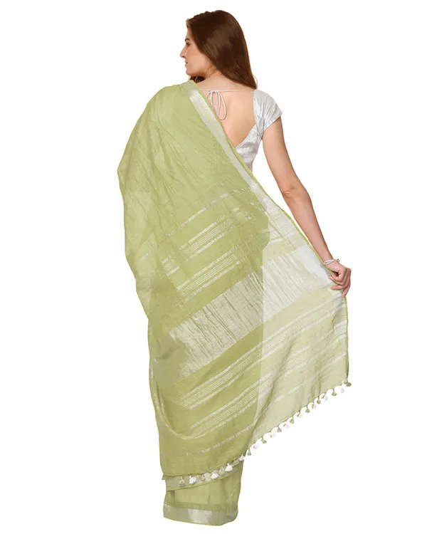Khaki_Green_women's_Handloom_Bhagalpuri_Cotton_Linen_Slub_Blend_Zari_Border_Saree_Ethnic_Wear_With_Running_Unstitched_Blouse_Piece