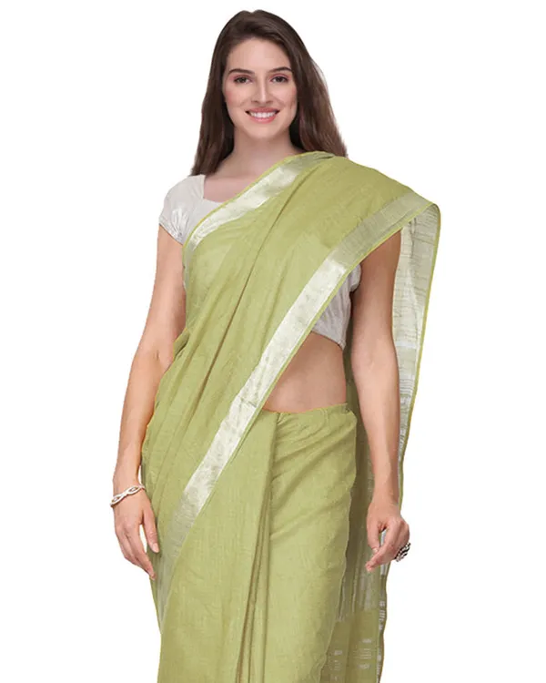 Khaki_Green_women's_Handloom_Bhagalpuri_Cotton_Linen_Slub_Blend_Zari_Border_Saree_Ethnic_Wear_With_Running_Unstitched_Blouse_Piece