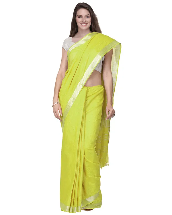 Lemon_Yellow_women's_Handloom_Bhagalpuri_Cotton_Linen_Slub_Blend_Zari_Border_Saree_Ethnic_Wear_With_Running_Unstitched_Blouse_Piece