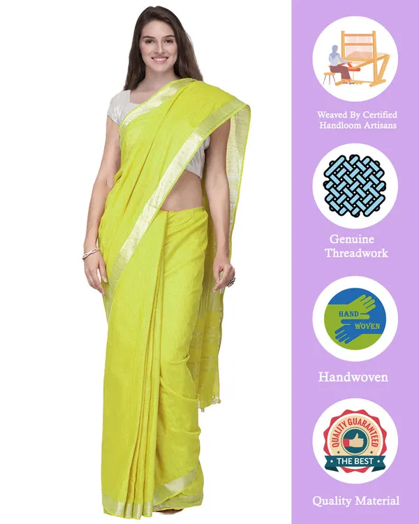 Lemon_Yellow_women's_Handloom_Bhagalpuri_Cotton_Linen_Slub_Blend_Zari_Border_Saree_Ethnic_Wear_With_Running_Unstitched_Blouse_Piece