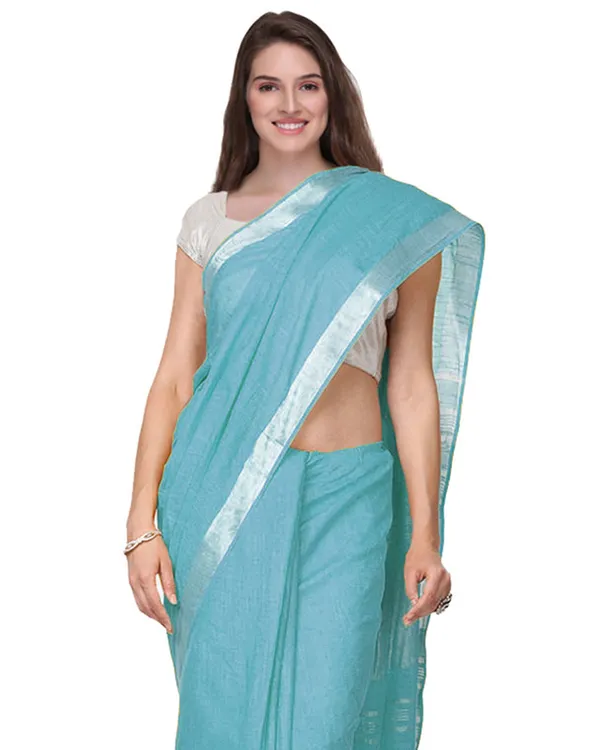 Maya_Blue_women's_Handloom_Bhagalpuri_Cotton_Linen_Slub_Blend_Zari_Border_Saree_Ethnic_Wear_With_Running_Unstitched_Blouse_Piece