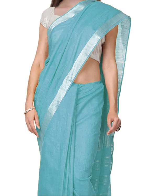 Maya_Blue_women's_Handloom_Bhagalpuri_Cotton_Linen_Slub_Blend_Zari_Border_Saree_Ethnic_Wear_With_Running_Unstitched_Blouse_Piece