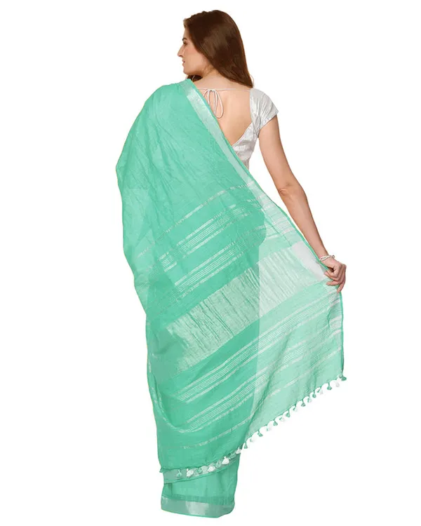 Mint_Turquoise_women's_Handloom_Bhagalpuri_Cotton_Linen_Slub_Blend_Zari_Border_Saree_Ethnic_Wear_With_Running_Unstitched_Blouse_Piece