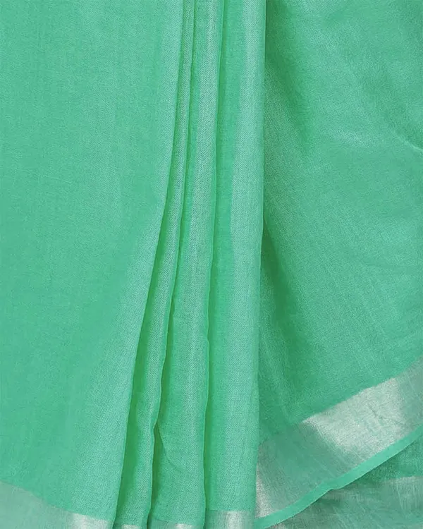 Mint_Turquoise_women's_Handloom_Bhagalpuri_Cotton_Linen_Slub_Blend_Zari_Border_Saree_Ethnic_Wear_With_Running_Unstitched_Blouse_Piece