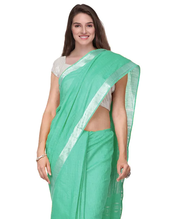 Mint_Turquoise_women's_Handloom_Bhagalpuri_Cotton_Linen_Slub_Blend_Zari_Border_Saree_Ethnic_Wear_With_Running_Unstitched_Blouse_Piece