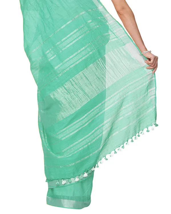 Mint_Turquoise_women's_Handloom_Bhagalpuri_Cotton_Linen_Slub_Blend_Zari_Border_Saree_Ethnic_Wear_With_Running_Unstitched_Blouse_Piece