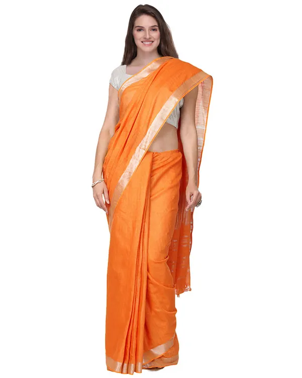 Orange_women's_Handloom_Bhagalpuri_Cotton_Linen_Slub_Blend_Zari_Border_Saree_Ethnic_Wear_With_Running_Unstitched_Blouse_Piece