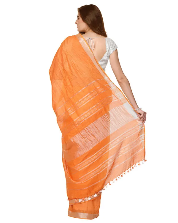 Orange_women's_Handloom_Bhagalpuri_Cotton_Linen_Slub_Blend_Zari_Border_Saree_Ethnic_Wear_With_Running_Unstitched_Blouse_Piece