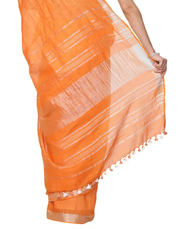 Orange_women's_Handloom_Bhagalpuri_Cotton_Linen_Slub_Blend_Zari_Border_Saree_Ethnic_Wear_With_Running_Unstitched_Blouse_Piece