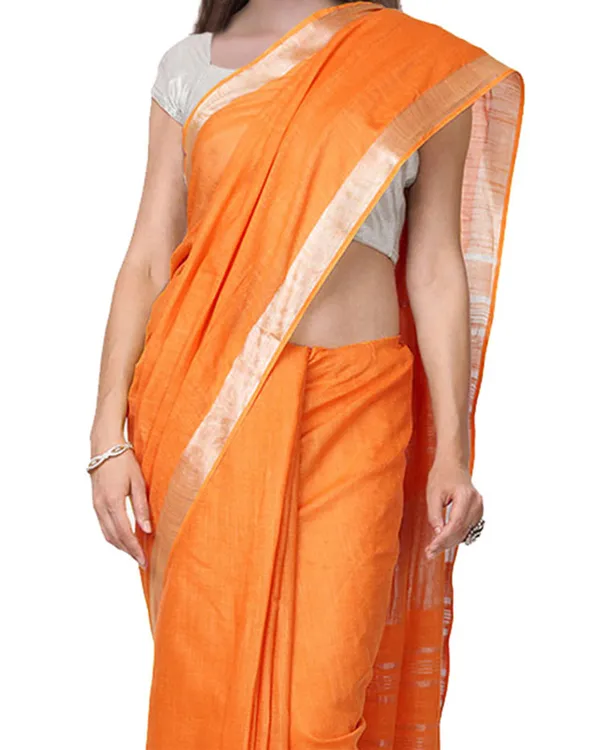 Orange_women's_Handloom_Bhagalpuri_Cotton_Linen_Slub_Blend_Zari_Border_Saree_Ethnic_Wear_With_Running_Unstitched_Blouse_Piece