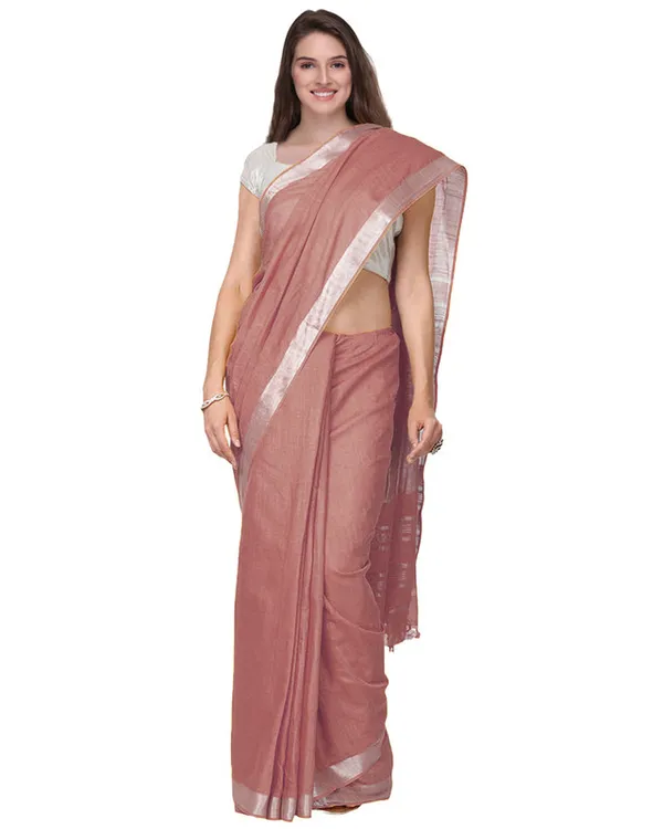 Redwood_Brown_women's_Handloom_Bhagalpuri_Cotton_Linen_Slub_Blend_Zari_Border_Saree_Ethnic_Wear_With_Running_Unstitched_Blouse_Piece