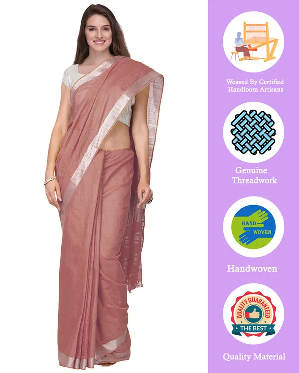 Redwood_Brown_women's_Handloom_Bhagalpuri_Cotton_Linen_Slub_Blend_Zari_Border_Saree_Ethnic_Wear_With_Running_Unstitched_Blouse_Piece