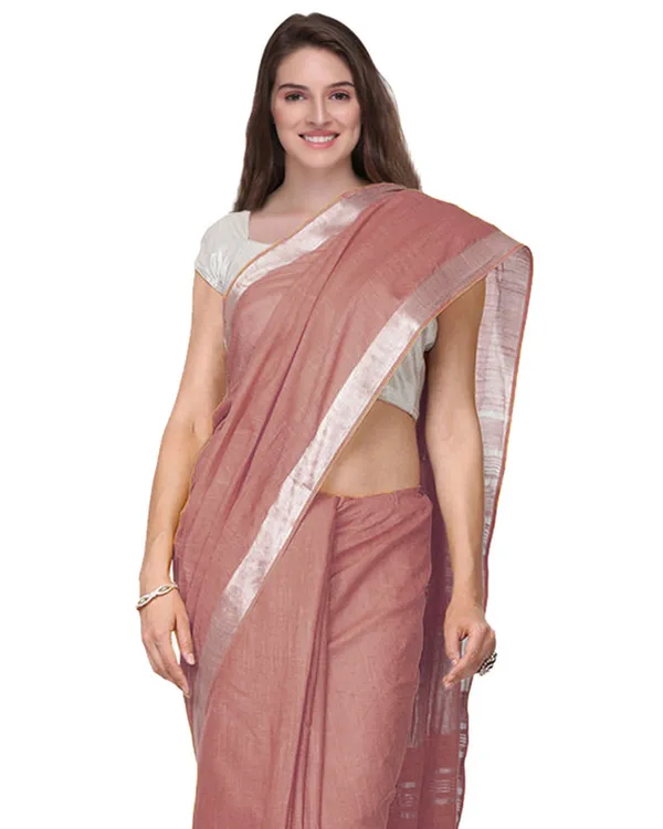 Redwood_Brown_women's_Handloom_Bhagalpuri_Cotton_Linen_Slub_Blend_Zari_Border_Saree_Ethnic_Wear_With_Running_Unstitched_Blouse_Piece