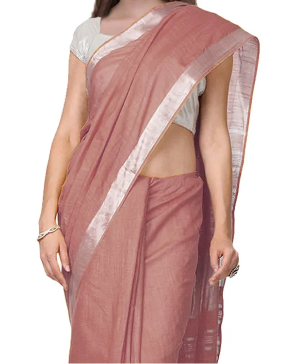 Redwood_Brown_women's_Handloom_Bhagalpuri_Cotton_Linen_Slub_Blend_Zari_Border_Saree_Ethnic_Wear_With_Running_Unstitched_Blouse_Piece