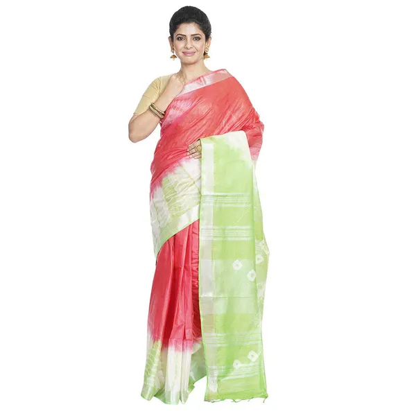 Red_&_Light_Green_women's_Bhagalpuri_Handloom_Cotton_Linen_Slub_Blend_Tie_Two_Dye_(Sibory_Two_Dye)_Saree_With_Running_Unstitched_Blouse_Piece