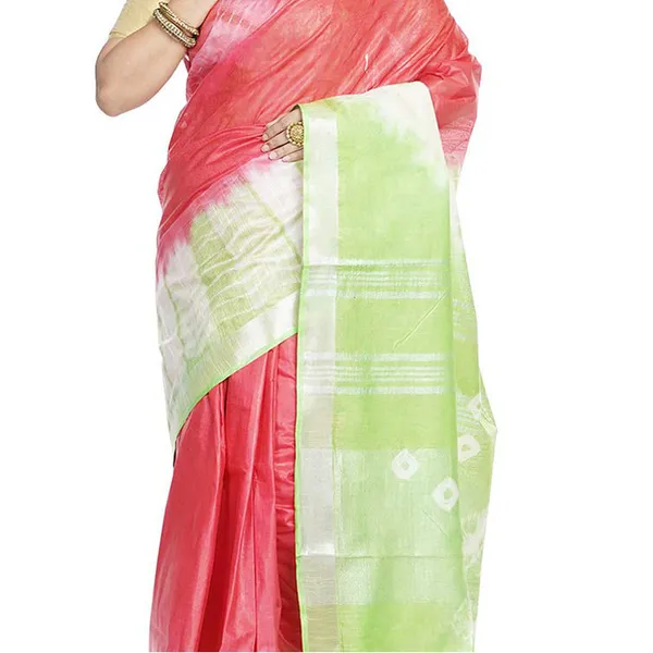 Red_&_Light_Green_women's_Bhagalpuri_Handloom_Cotton_Linen_Slub_Blend_Tie_Two_Dye_(Sibory_Two_Dye)_Saree_With_Running_Unstitched_Blouse_Piece