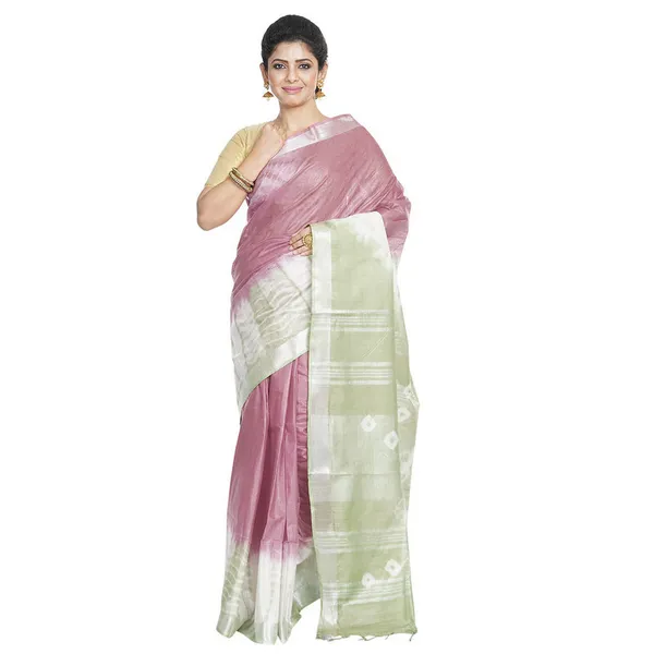 Cordovan_Brown_&_Tea_Green_women's_Bhagalpuri_Handloom_Cotton_Linen_Slub_Blend_Tie_Two_Dye_(Sibory_Two_Dye)_Saree_With_Running_Unstitched_Blouse_Piece