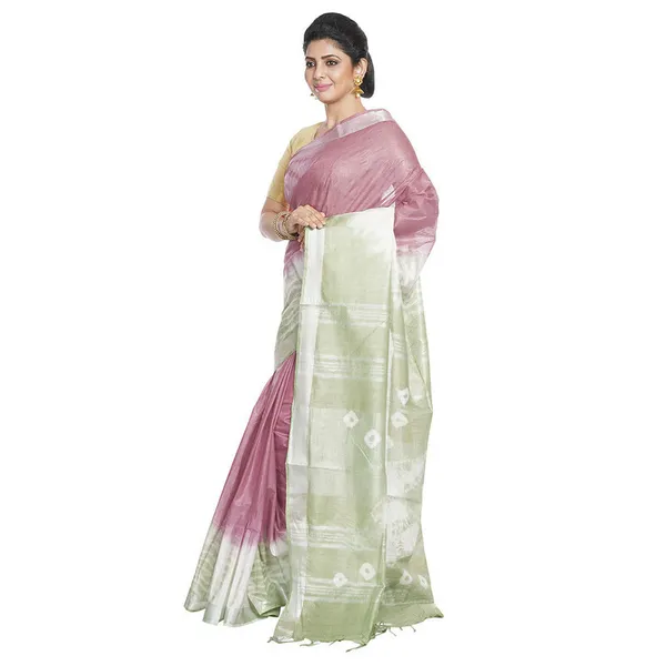 Cordovan_Brown_&_Tea_Green_women's_Bhagalpuri_Handloom_Cotton_Linen_Slub_Blend_Tie_Two_Dye_(Sibory_Two_Dye)_Saree_With_Running_Unstitched_Blouse_Piece