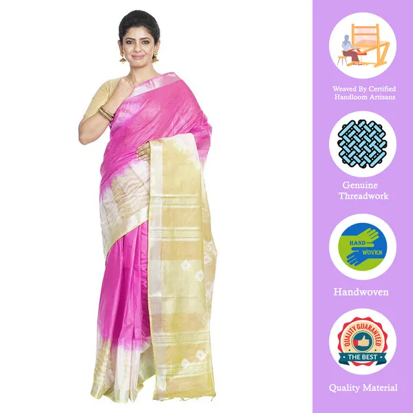 Flax_Yellow_&_Hot_Pink_women's_Bhagalpuri_Handloom_Cotton_Linen_Slub_Blend_Tie_Two_Dye_(Sibory_Two_Dye)_Saree_With_Running_Unstitched_Blouse_Piece