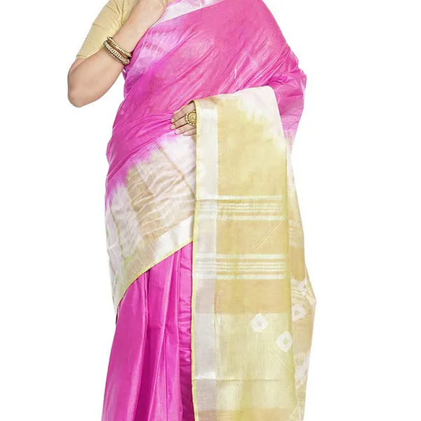 Flax_Yellow_&_Hot_Pink_women's_Bhagalpuri_Handloom_Cotton_Linen_Slub_Blend_Tie_Two_Dye_(Sibory_Two_Dye)_Saree_With_Running_Unstitched_Blouse_Piece
