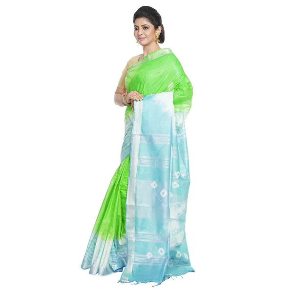 Green_&_Tiffany_Cyan_women's_Bhagalpuri_Handloom_Cotton_Linen_Slub_Blend_Tie_Two_Dye_(Sibory_Two_Dye)_Saree_With_Running_Unstitched_Blouse_Piece