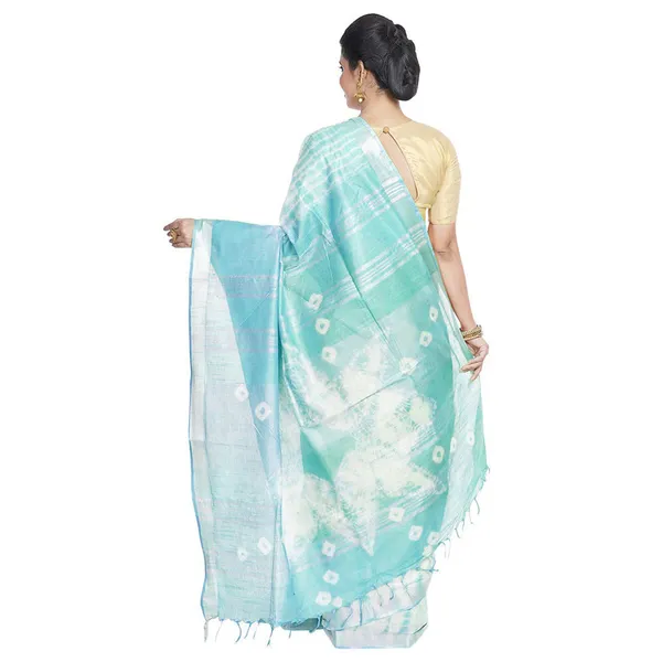 Green_&_Tiffany_Cyan_women's_Bhagalpuri_Handloom_Cotton_Linen_Slub_Blend_Tie_Two_Dye_(Sibory_Two_Dye)_Saree_With_Running_Unstitched_Blouse_Piece