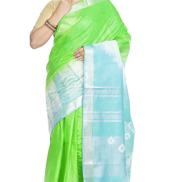 Green_&_Tiffany_Cyan_women's_Bhagalpuri_Handloom_Cotton_Linen_Slub_Blend_Tie_Two_Dye_(Sibory_Two_Dye)_Saree_With_Running_Unstitched_Blouse_Piece