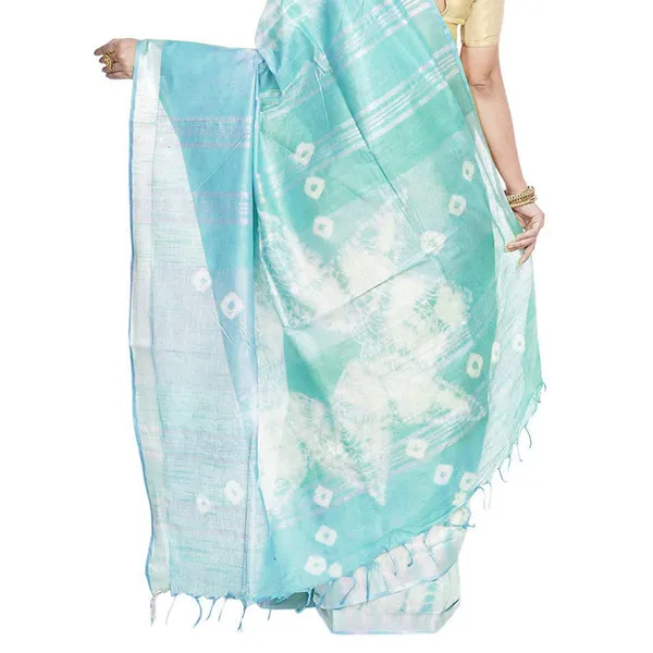 Green_&_Tiffany_Cyan_women's_Bhagalpuri_Handloom_Cotton_Linen_Slub_Blend_Tie_Two_Dye_(Sibory_Two_Dye)_Saree_With_Running_Unstitched_Blouse_Piece