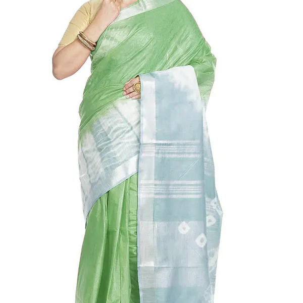 Mantis_Green_&_Powder_Blue_women's_Bhagalpuri_Handloom_Cotton_Linen_Slub_Blend_Tie_Two_Dye_(Sibory_Two_Dye)_Saree_With_Running_Unstitched_Blouse_Piece