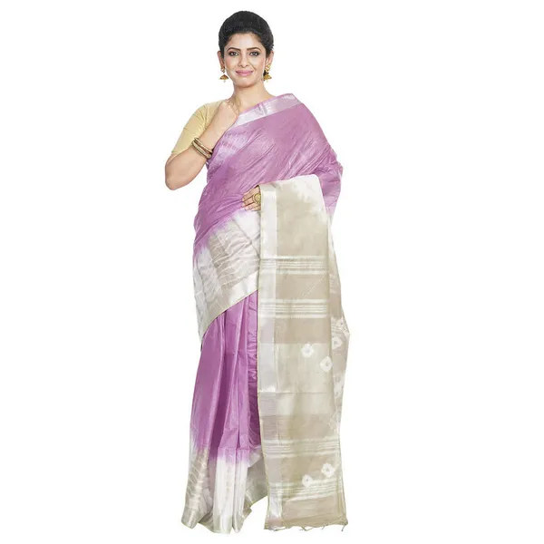 Mauve_Purple_&_Yuma_Tan_women's_Bhagalpuri_Handloom_Cotton_Linen_Slub_Blend_Tie_Two_Dye_(Sibory_Two_Dye)_Saree_With_Running_Unstitched_Blouse_Piece
