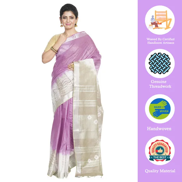 Mauve_Purple_&_Yuma_Tan_women's_Bhagalpuri_Handloom_Cotton_Linen_Slub_Blend_Tie_Two_Dye_(Sibory_Two_Dye)_Saree_With_Running_Unstitched_Blouse_Piece