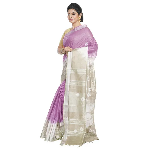 Mauve_Purple_&_Yuma_Tan_women's_Bhagalpuri_Handloom_Cotton_Linen_Slub_Blend_Tie_Two_Dye_(Sibory_Two_Dye)_Saree_With_Running_Unstitched_Blouse_Piece