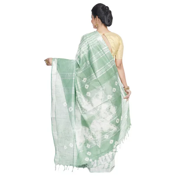 Moss_Green_&_Celadon_Green_women's_Bhagalpuri_Handloom_Cotton_Linen_Slub_Blend_Tie_Two_Dye_(Sibory_Two_Dye)_Saree_With_Running_Unstitched_Blouse_Piece