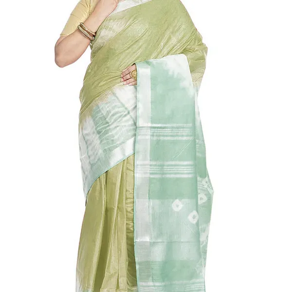 Moss_Green_&_Celadon_Green_women's_Bhagalpuri_Handloom_Cotton_Linen_Slub_Blend_Tie_Two_Dye_(Sibory_Two_Dye)_Saree_With_Running_Unstitched_Blouse_Piece