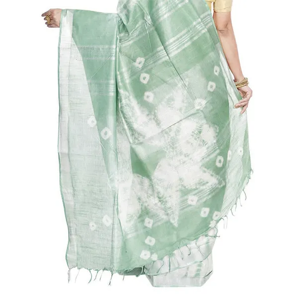 Moss_Green_&_Celadon_Green_women's_Bhagalpuri_Handloom_Cotton_Linen_Slub_Blend_Tie_Two_Dye_(Sibory_Two_Dye)_Saree_With_Running_Unstitched_Blouse_Piece