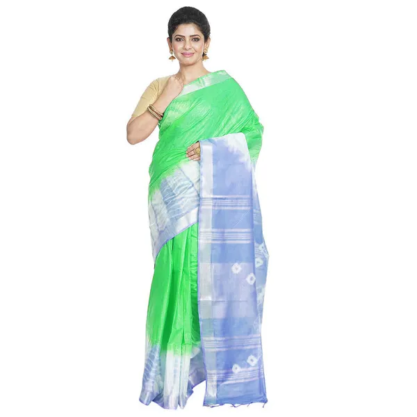 Screamin'_Green_&_Vista_Blue_women's_Bhagalpuri_Handloom_Cotton_Linen_Slub_Blend_Tie_Two_Dye_(Sibory_Two_Dye)_Saree_With_Running_Unstitched_Blouse_Piece