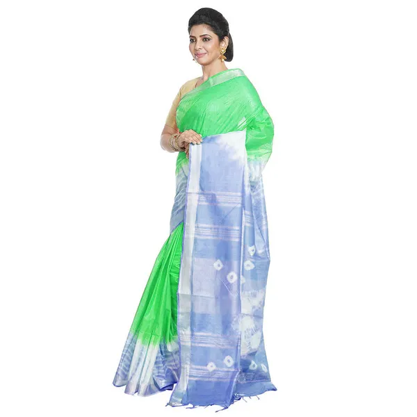 Screamin'_Green_&_Vista_Blue_women's_Bhagalpuri_Handloom_Cotton_Linen_Slub_Blend_Tie_Two_Dye_(Sibory_Two_Dye)_Saree_With_Running_Unstitched_Blouse_Piece