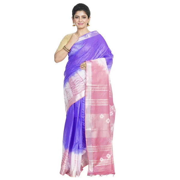 Slate_Blue_&_Han_Pink_women's_Bhagalpuri_Handloom_Cotton_Linen_Slub_Blend_Tie_Two_Dye_(Sibory_Two_Dye)_Saree_With_Running_Unstitched_Blouse_Piece