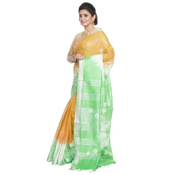 Xanthous_Orange_&_Light_Green_women's_Bhagalpuri_Handloom_Cotton_Linen_Slub_Blend_Tie_Two_Dye_(Sibory_Two_Dye)_Saree_With_Running_Unstitched_Blouse_Piece