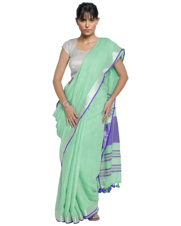 Aquamarine_Turquoise-Blue_women's_Bhagalpuri_Handloom_Cotton_Linen_Blend_Contrast_Pallu_Saree_And_Unstitched_Contrast_Blouse_Piece