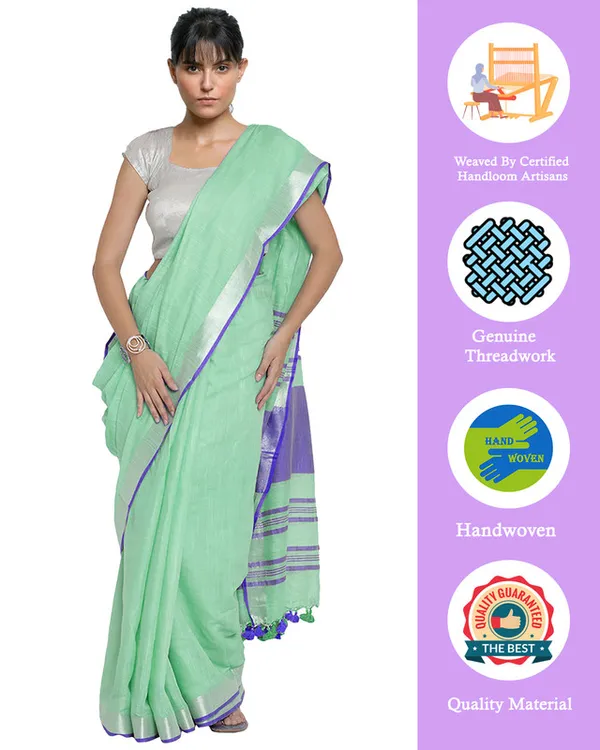 Aquamarine_Turquoise-Blue_women's_Bhagalpuri_Handloom_Cotton_Linen_Blend_Contrast_Pallu_Saree_And_Unstitched_Contrast_Blouse_Piece
