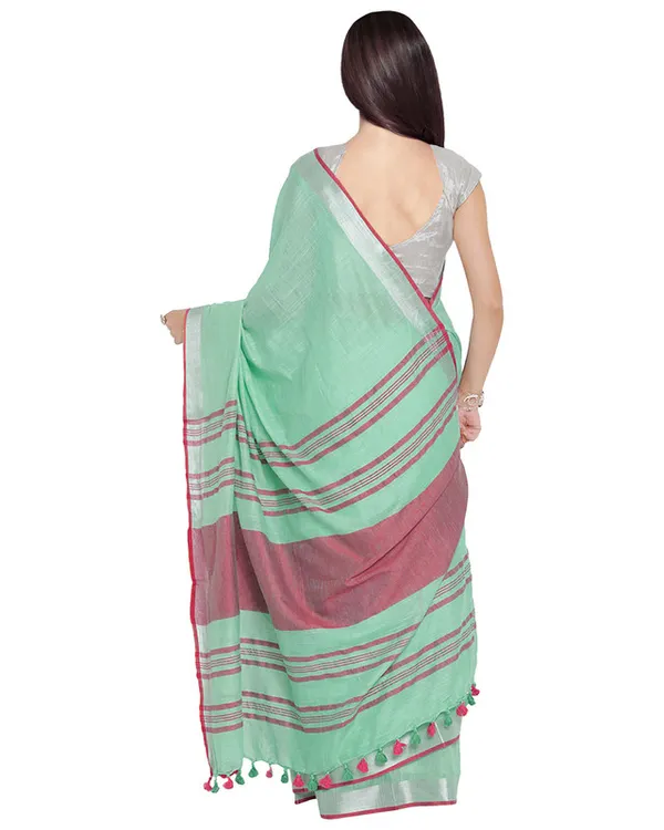 Aquamarine_Turquoise-Pink_women's_Bhagalpuri_Handloom_Cotton_Linen_Blend_Contrast_Pallu_Saree_And_Unstitched_Contrast_Blouse_Piece