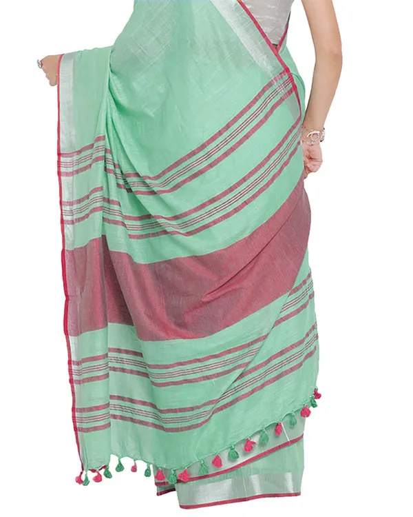 Aquamarine_Turquoise-Pink_women's_Bhagalpuri_Handloom_Cotton_Linen_Blend_Contrast_Pallu_Saree_And_Unstitched_Contrast_Blouse_Piece