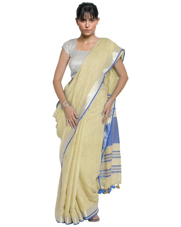 Ashamed_Tan-Cyan_women's_Bhagalpuri_Handloom_Cotton_Linen_Blend_Contrast_Pallu_Saree_And_Unstitched_Contrast_Blouse_Piece