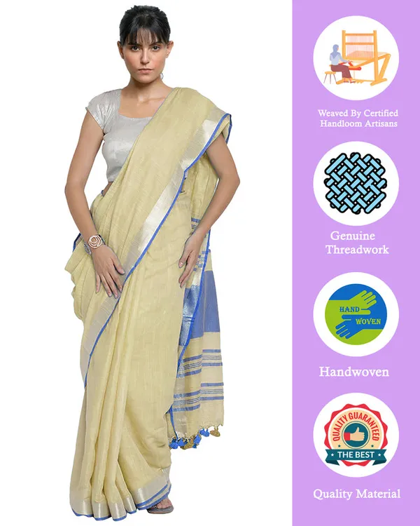 Ashamed_Tan-Cyan_women's_Bhagalpuri_Handloom_Cotton_Linen_Blend_Contrast_Pallu_Saree_And_Unstitched_Contrast_Blouse_Piece