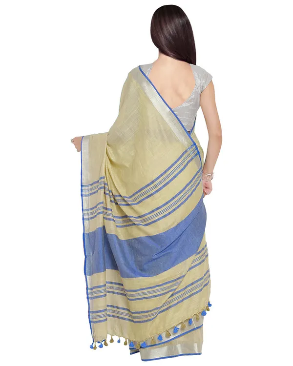 Ashamed_Tan-Cyan_women's_Bhagalpuri_Handloom_Cotton_Linen_Blend_Contrast_Pallu_Saree_And_Unstitched_Contrast_Blouse_Piece