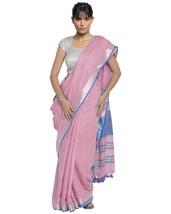 Fairy_Tale_Pink-Cyan_women's_Bhagalpuri_Handloom_Cotton_Linen_Blend_Contrast_Pallu_Saree_And_Unstitched_Contrast_Blouse_Piece